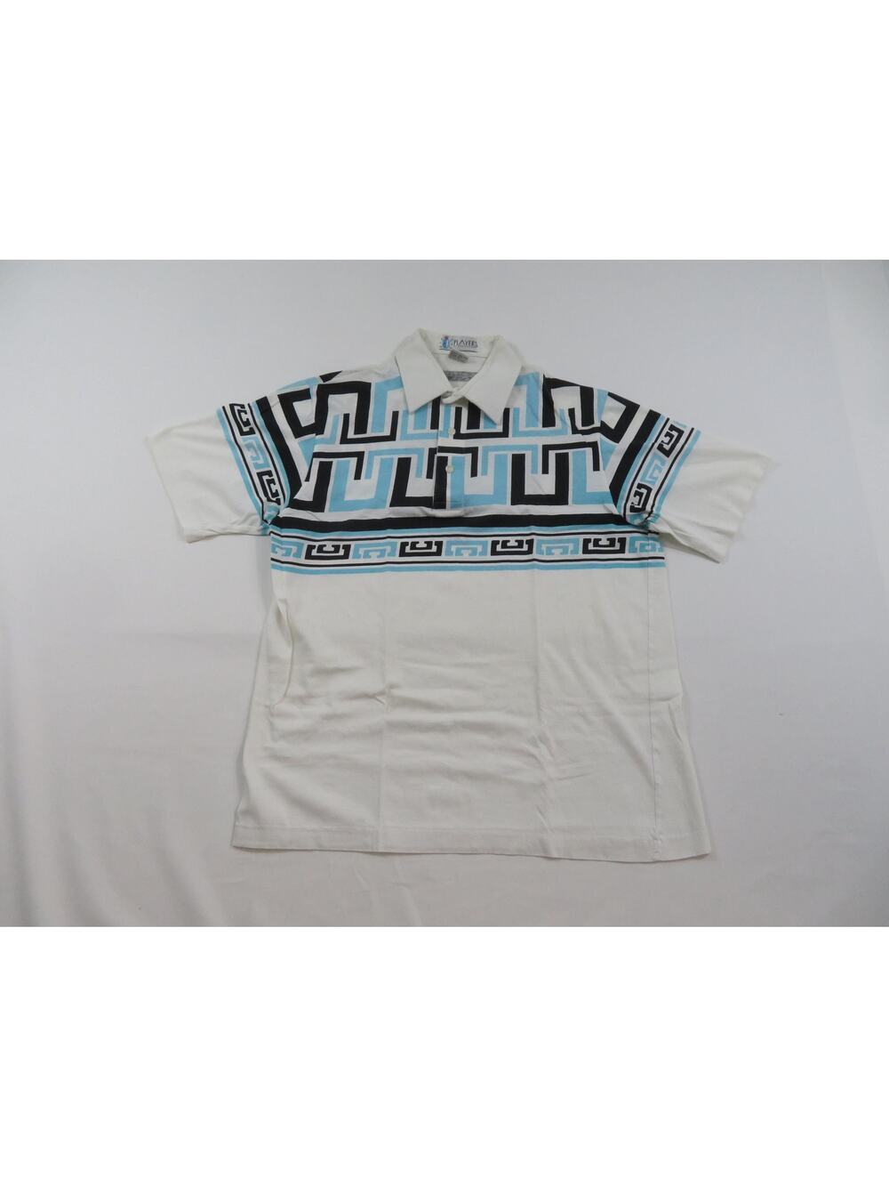 Van Heusen Polo Shirt, White Blue Geometric, Sz M 1980s